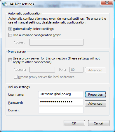 Dial up settings box